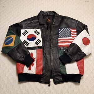 Vintage XL Phase 3 National Flags of the World Leather Bomber Jacket